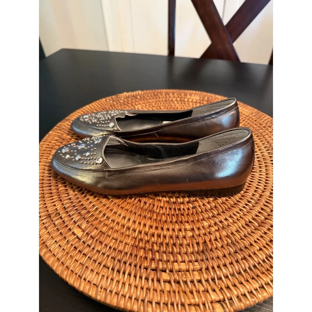 Sebastino Brock Womens 7.5 M Metallic Pewter Leather Rhinestone Studded Loafers
